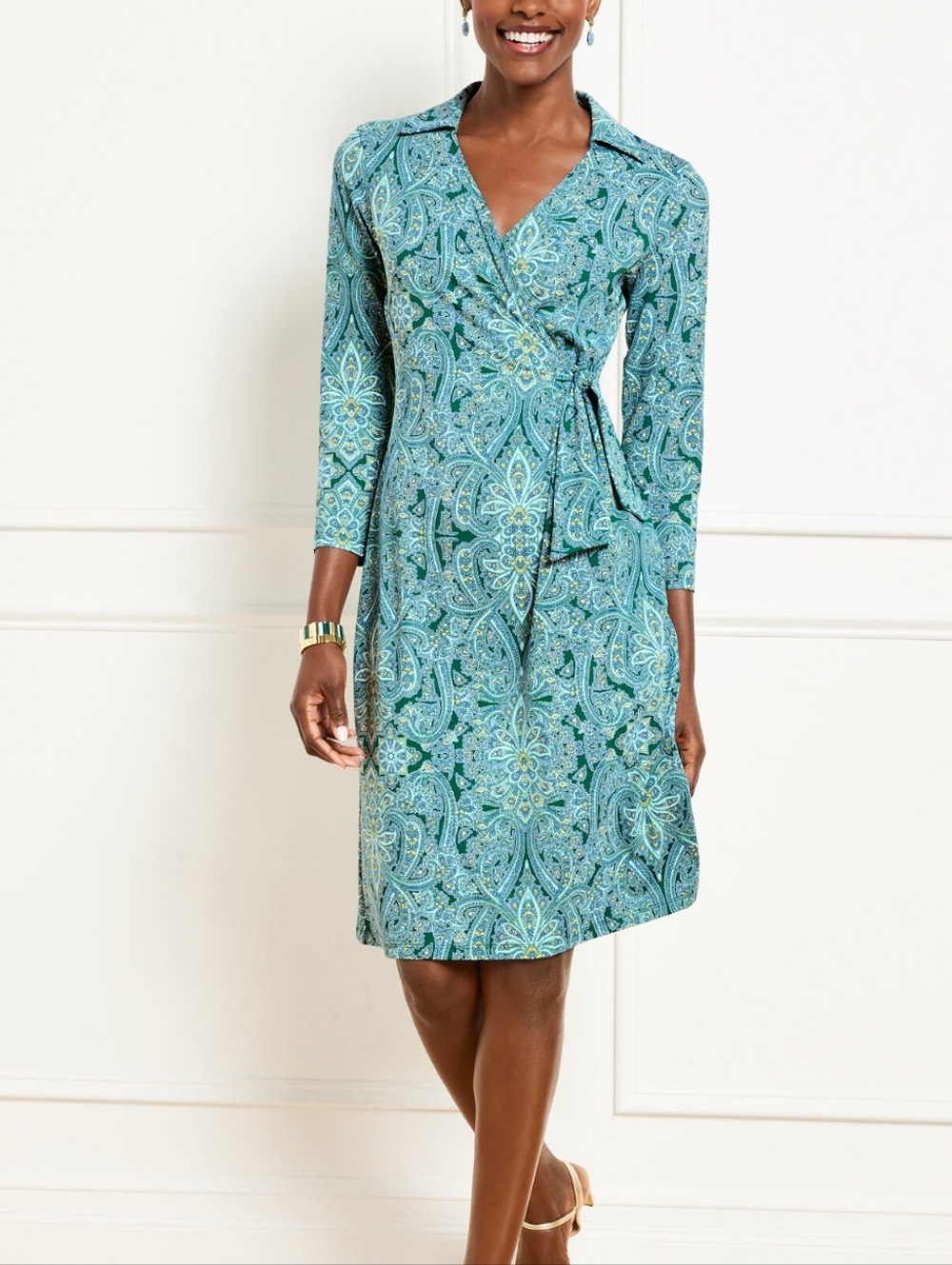 Talbots Teal Paisley Wrap Dress with Tie-Waist